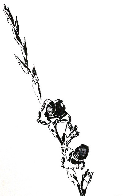 Eine der Blumenzeichnungen von Blumen in Bleistifttinte-Aquarellschwarzweiss Holzkohle auf Papier