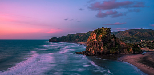 landscape sunset water panorama auckland sea longexposure summer newzealand ocean piha pink clouds sky sunlight hills northisland sun nz