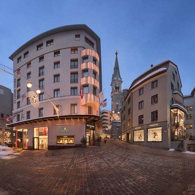 Panorama of Via Maistra and Reformed Church St Moritz in the Evening, St Moritz, Switzerland