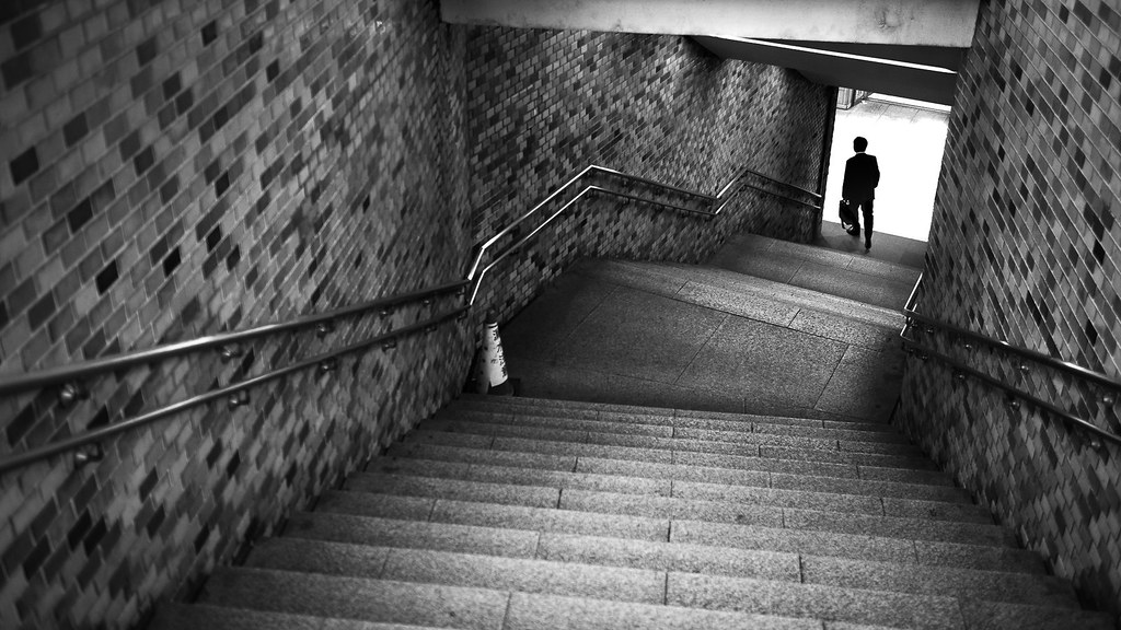 Stairs to subway - Tokyo, Japan - Black and white street photography