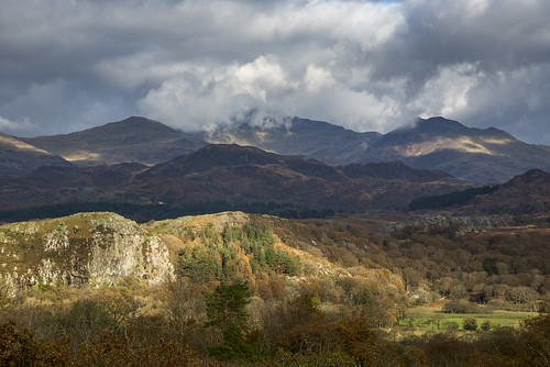 november landscape moody contrast mountains snowdonia wales northwales countryside garreg view scenery woods sunlight clouds