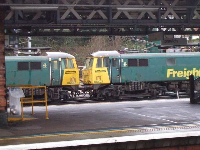 86 638 and 86 627 are coupled together in the sidings alongside Ipswich Station.