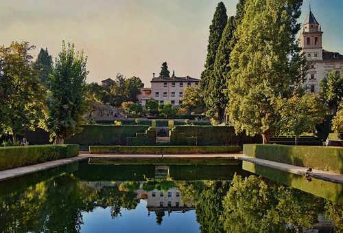 buildings architecture gardens pool water reflections waterreflections palace alhambra monuments granada andalusia spain travel textured