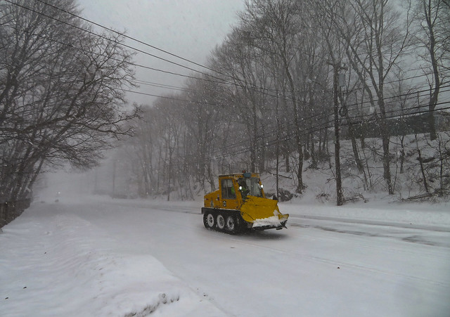 sidewalk snow plow ascending Prospect St during Bombogenesis; Wakefield, Massachusetts (2018)
