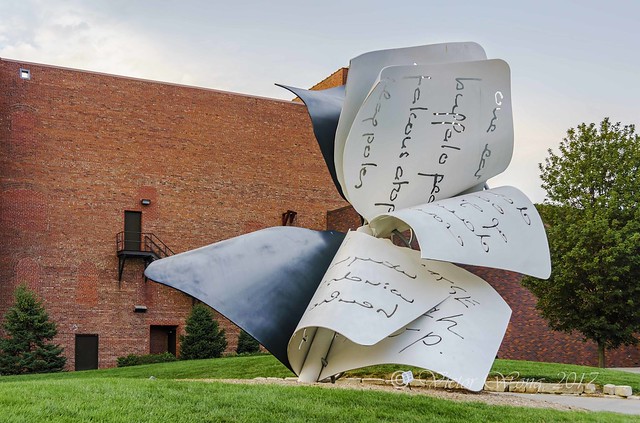 Torn Notebook sculpture in Madden Garden at the University of Nebraska