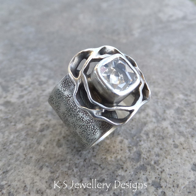 White Topaz Rose Sterling Silver Ring (commission)