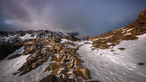 landscape mountains wales track snow ice walkers rocks sky winter outside hiking light path february snowdon