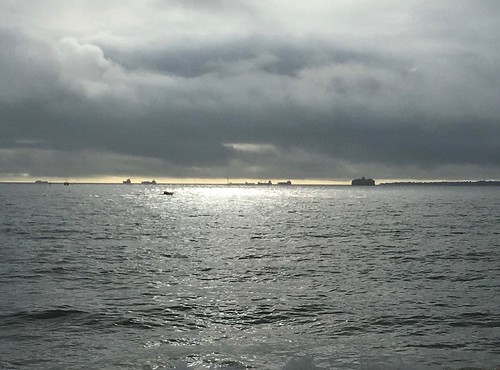 Distant ships and sun, Southsea Portsmouth to Hayling Island walk