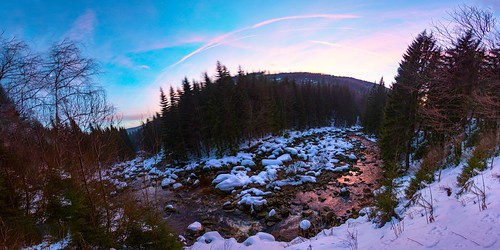 sunset panorama jizera mountains winter december stones water river forest stream kořenov harrachov czechia