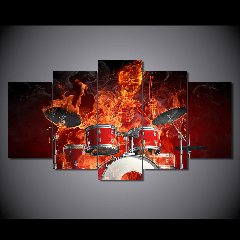 Flame Skull 5 Piece Canvas Print Wall Art Poster Home Decoration 