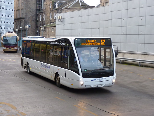 Borders Buses, former Perrymans, Optare Versa 1170 YA13AED 11303 operating service 52 to Kelso departing Edinburgh Bus Station on 21 December 2017.