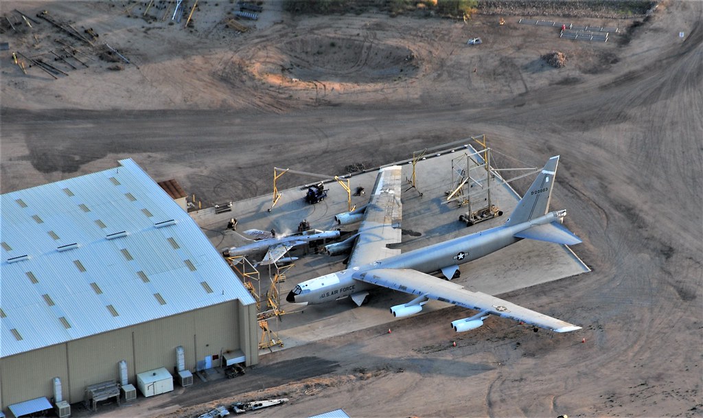 Overview of the restoration area at the Pima Air-Museum, Tucson, Arizona. NB-52A Stratofortress 52-0003 and F-105D Thunderchief 61-0086, both ex USAF. 05 June 2016.