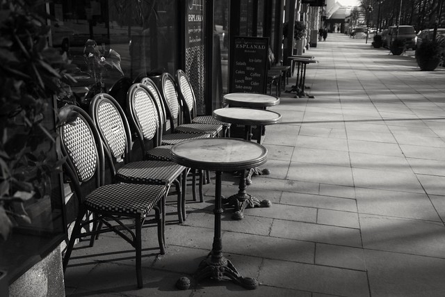 Empty chairs in the morning sun