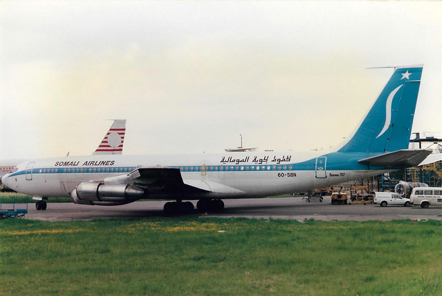 6O-SBN Boeing 707-338C cn 18954 ln 458 Somali Airlines Stansted 26May85