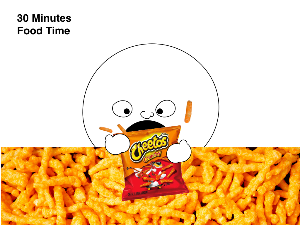 a giant cartoon head eating cheetos.