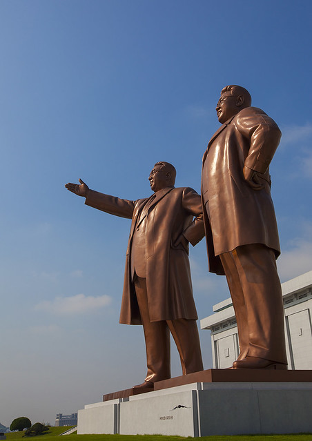 The two statues of the Dear Leaders in the Grand monument on Mansu hill, Pyongan Province, Pyongyang, North Korea