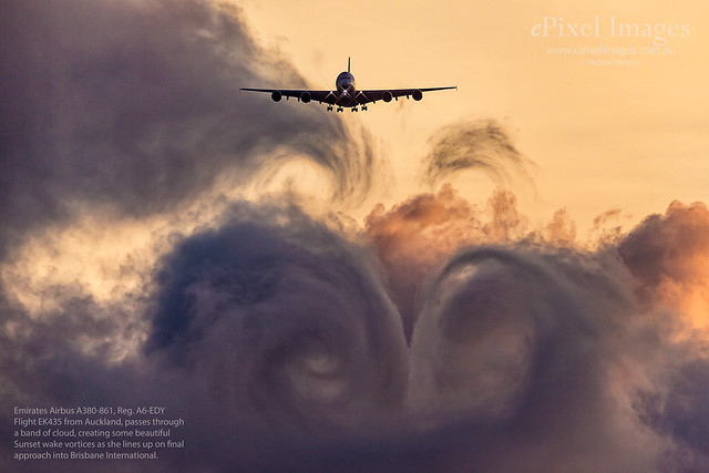 Emirates Airbus A380-861, Reg. A6-EDY Cloud Vortices at Sunset