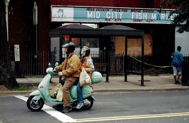 Robin's-egg Vespa and Mid City Fish (now gone), Washington DC, 2003. Mid City Fish is now a swanky Dolcezza Coffee Bar. As seen on Popville blog: https://www.popville.com/2018/06/to-vespa-or-not/
