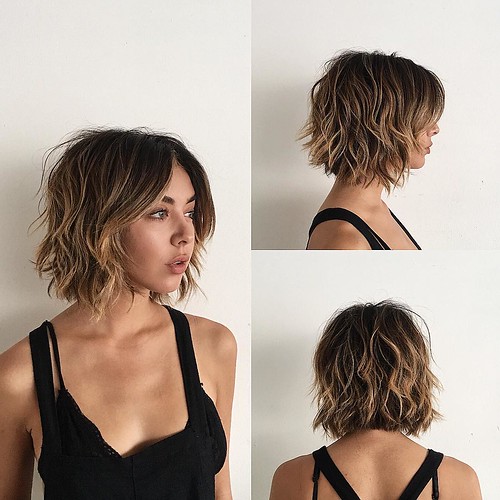 Sexy Layered Bob with Curtain Bangs and Undone Wavy Texture with Balayage