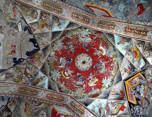Brightly-painted ceiling in Bundi Fort, India