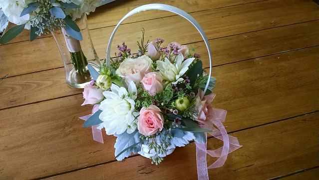 Pink, white and blue Flower Girl basket