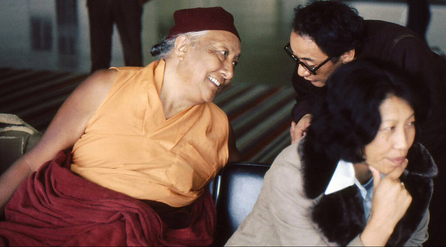 HH Dilgo Khyentse Rinpoche visits with HH Dagchen Sakya Rinpoche, Chimey Wangmo (mother of Rabjam Rinpoche, forground), 1976 SeaTac Airport,  Seattle, Washington, USA