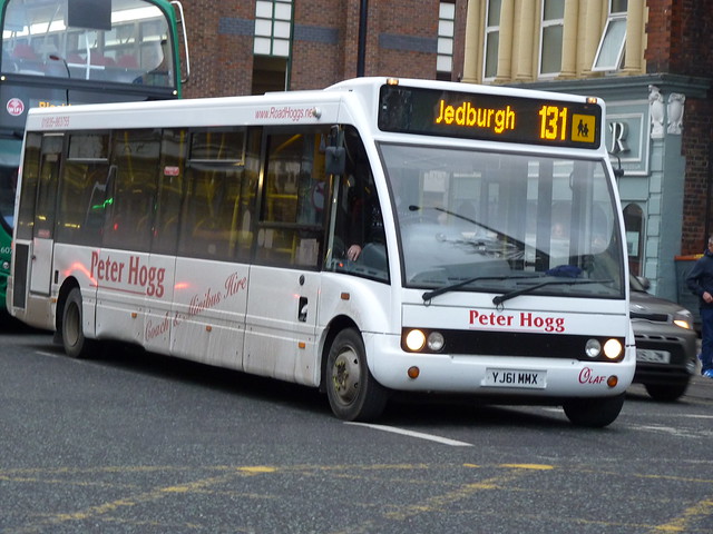 Peter Hogg of Jedburgh Optare Solo M950 YJ61MMX heading to operate service 131 to Jedburgh at Newcastle on 6 December 2017.