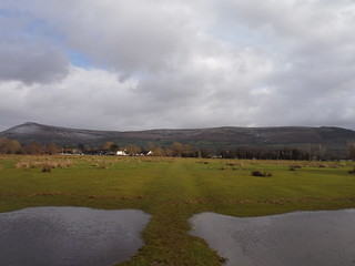 Mynydd Troed and Mynydd Llangorse from flooded field near Llangors SWC Walk 308 - Bwlch Circular (via Mynydd Troed and Llangorse Lake)