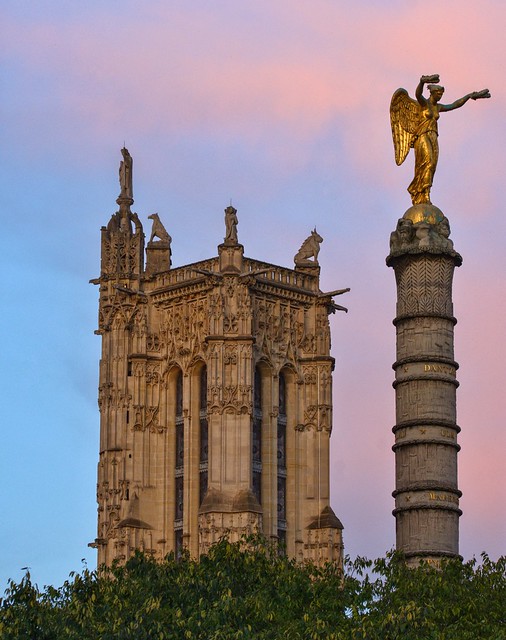The Tour Saint-Jacques and the Place du Châtelet column are lit by the setting sun. After being closed for many years the tower can now be visited.