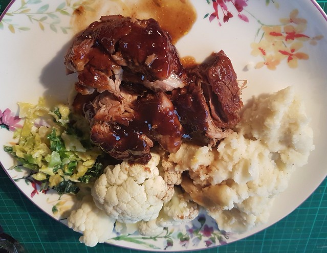 16/03/2018: Sainsbury's British Pork Shoulder  with toffee apple sauce, mashed potato, cauliflower and creamed cabbage = 666 calories