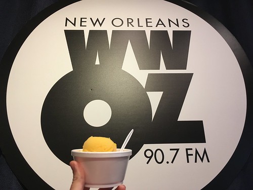 Mango Freeze in the studio with the WWOZ sign. Day 4 of Spring Membership Drive - 3.16.18. Photo by Carrie Booher.