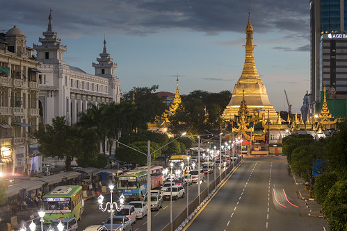 sule pagoda yangon burmese stupa downtown myanmar burma asia travel gold golden road traffic city cityscape buddhist buddha rangoon colonial era