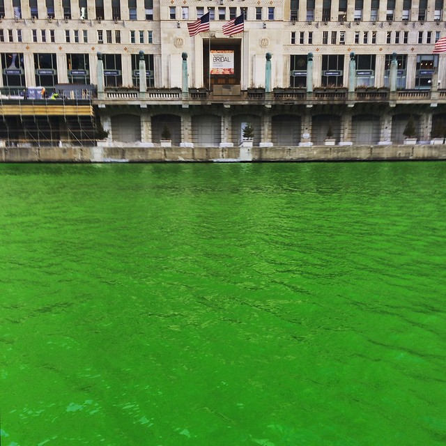 Two days later and the Chicago River is green all the way down by the Merchandise Mart!