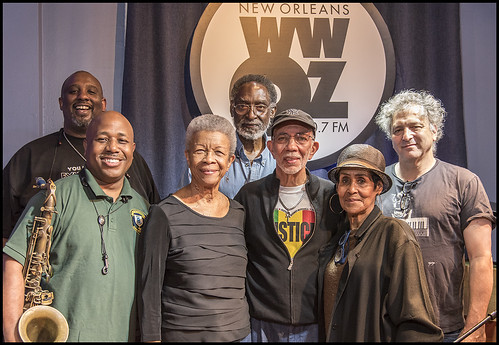Gerald French, Roderick Paulin, Germaine Bazzle, George French, WWOZ's Al Colon and Dee Lindsey, David Torkanowsky. Photo by Marc PoKempner.
