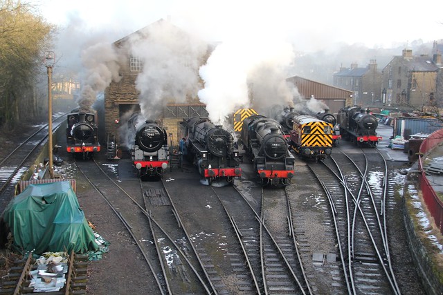 Gala Parade... A fine line up making steam 08:00 at Haworth locomotive Shed ready for the days action. KWVR Spring gala 9th March 2018. ©