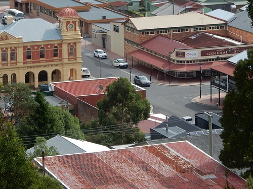 queenstown tasmania view above corner postoffice roofs generalstore