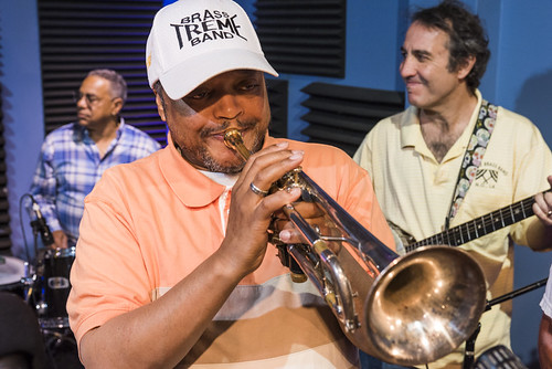 Vernon Severin, Raymond Williams, and Seva Venet of Treme Brass Band perform in studio during the WWOZ Spring 2018 Pledge Drive final day on March 23, 2018. Photo by Ryan Hodgson-Rigsbee RHRphoto.com