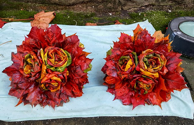 Bouquets of roses made from fallen maple leaves