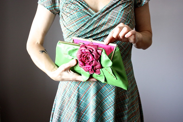 Green Leather clutch with ruby floral embellishment , clutch purse, green leather purse, leather bag, leather handbag, Italian lambskin