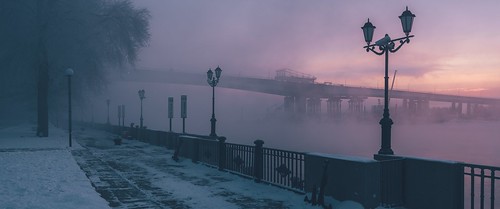 fog winter sun silent sity bridge pano sunrise morning rostovondon river seafront frost