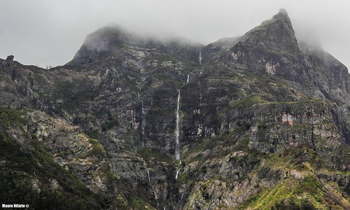waterfall landscape hills mountain mist madeira portugal island scenery cliff nature rock geology