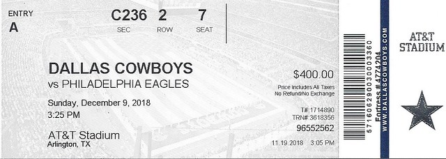 December 9, 2018, Dallas Cowboys vs Philadelphia Eagles, AT&T Stadium, Arlington, Texas - Ticket Stub
