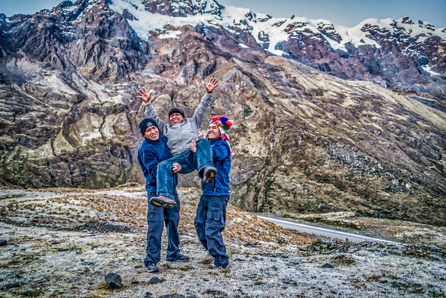 Quechua trail guides have fun at 14,000 feet in the Andes