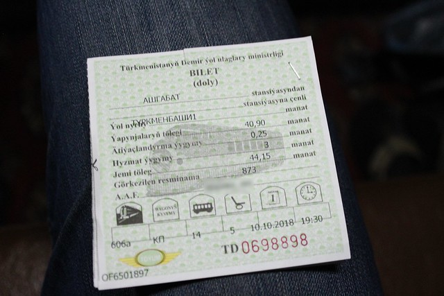 Ticket for the night train Aşgabat-Türkmenbaşy