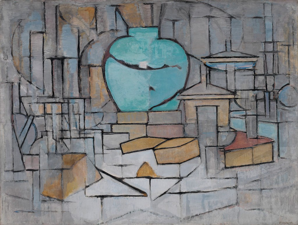 Piet Mondrian (1872–1944), Still Life with Gingerpot II, 1911–1912: Abstract painting with a blue pot in the center.