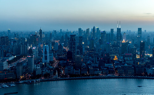 city night blue hour buildings lighttraffic shanghai sunset