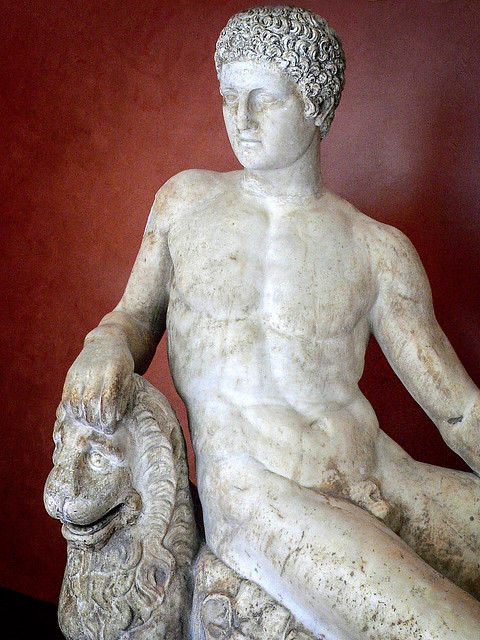 Closeup of Dionysos with lion garden statuary from Latium region of Italy Roman marble