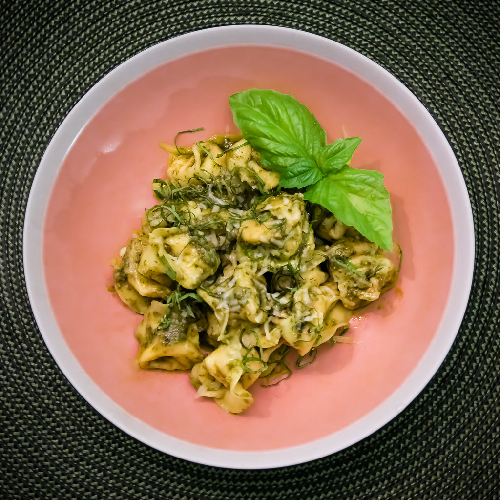 Tortellini with Smoked Salmon and  Ricotta Cheese Filling in Basil Pesto