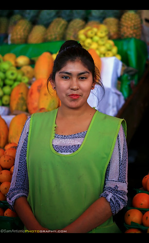arequipa market mercadosancamilo peru female young girl pretty travel quechua color lifestyle peruvian latinamerica southamerica smile adult culture food fruit