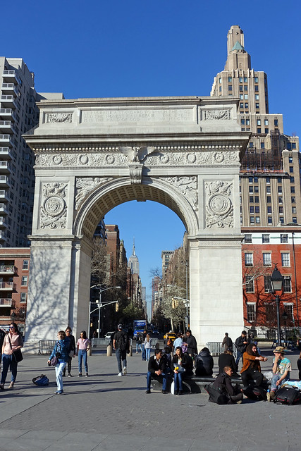 Empire State Building seen through Washington Square Arch at Washington Square Park in the Wst Village of Manhattan in New York City, NY